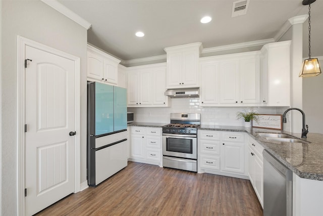 kitchen with white cabinets, ventilation hood, and stainless steel appliances