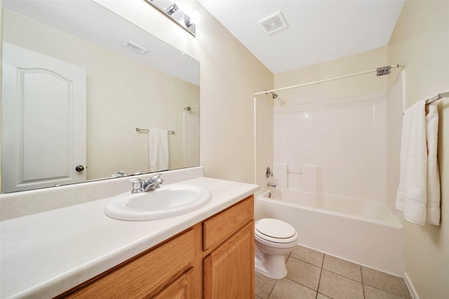 bathroom with shower / washtub combination, visible vents, toilet, vanity, and tile patterned flooring