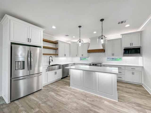 kitchen with white cabinets, stainless steel appliances, premium range hood, and sink