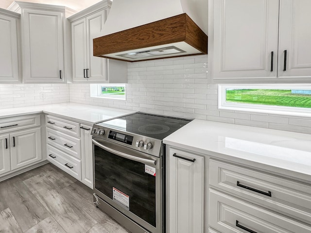 kitchen with decorative backsplash, custom range hood, white cabinetry, and stainless steel electric range