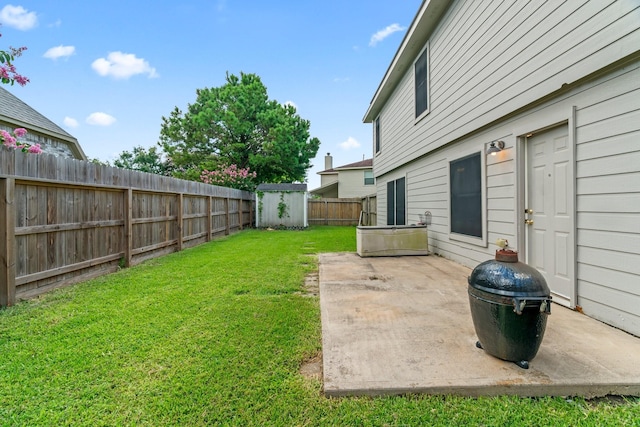 view of yard with a storage unit and a patio area