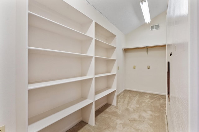 spacious closet featuring light carpet and vaulted ceiling