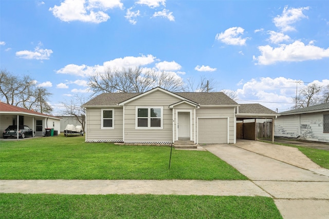 view of front facade with a carport, a front lawn, and a garage