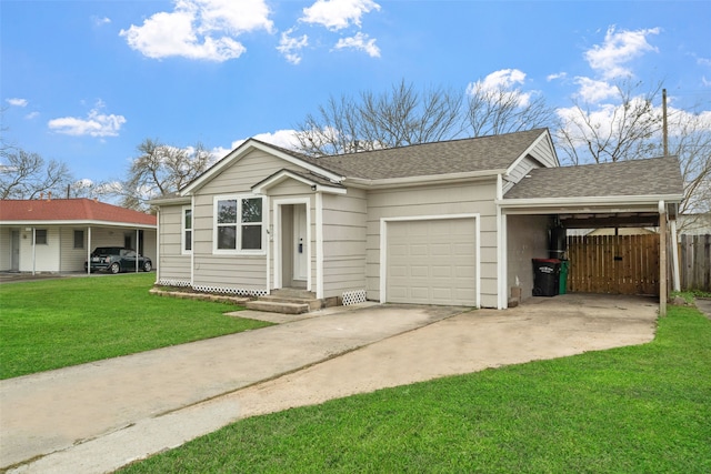 ranch-style home with a carport, a front lawn, and a garage