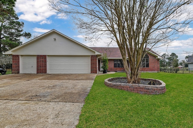 ranch-style home featuring a garage and a front lawn