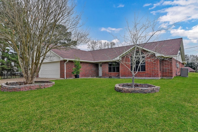 single story home with a front yard, a garage, and central AC unit