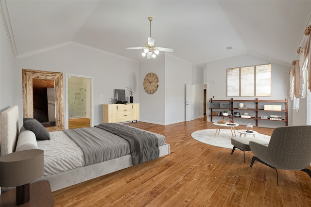 bedroom with wood-type flooring, ornamental molding, ceiling fan, and lofted ceiling