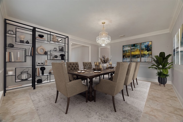 dining room featuring light tile patterned flooring, crown molding, and an inviting chandelier