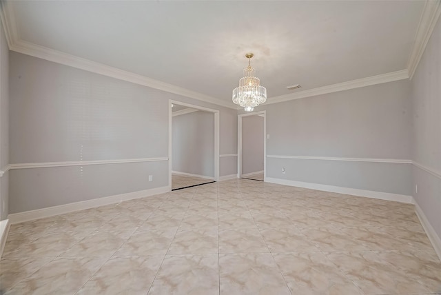 spare room featuring crown molding and a notable chandelier