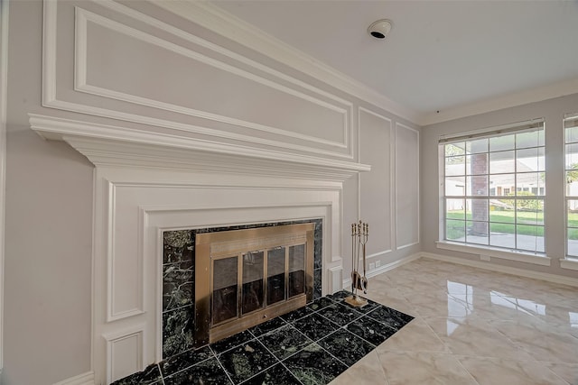 room details with a fireplace and crown molding