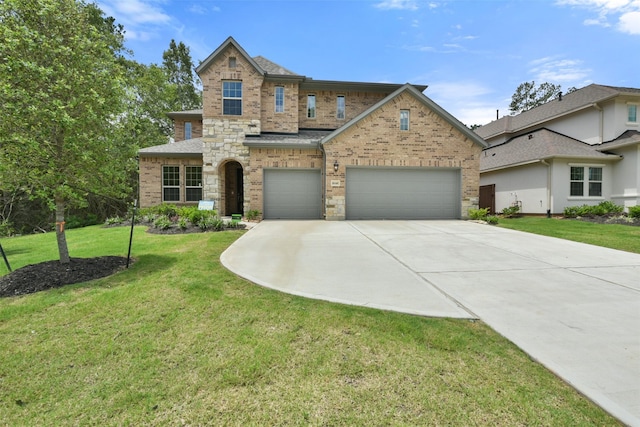 16146 Rustling Woods Rd, Conroe, TX 77302 - view of front facade with brick siding, driveway, a front lawn, and a garage
