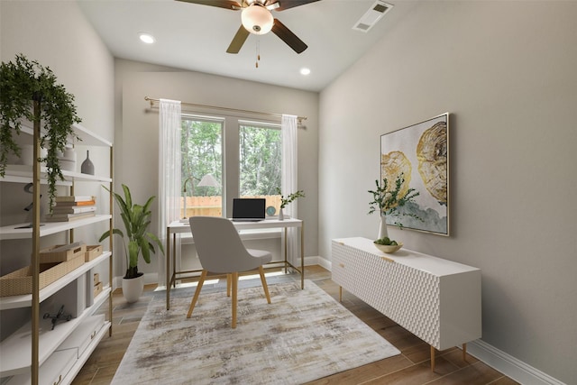 16146 Rustling Woods Rd, Conroe, TX 77302 - office space with a ceiling fan, wood finished floors, and recessed lighting