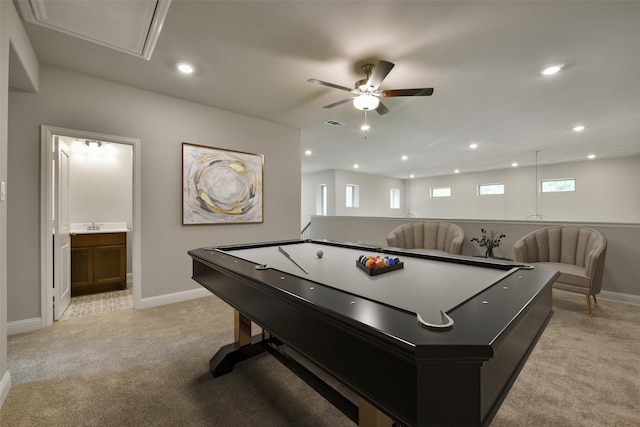 16146 Rustling Woods Rd, Conroe, TX 77302 - rec room featuring light carpet, a ceiling fan, and recessed lighting