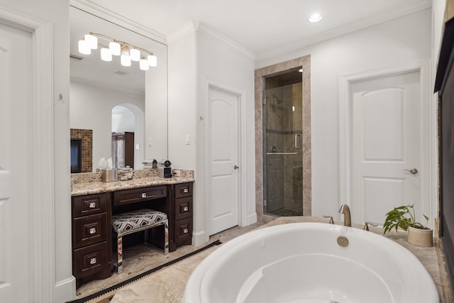 bathroom with plus walk in shower, vanity, and ornamental molding