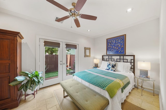 bedroom with access to exterior, french doors, ceiling fan, and crown molding