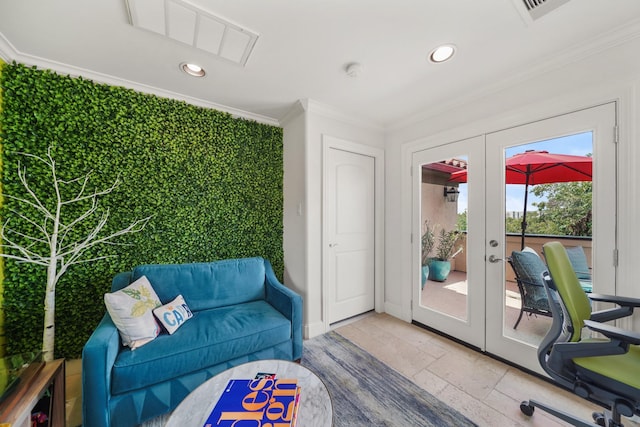 interior space featuring french doors and ornamental molding