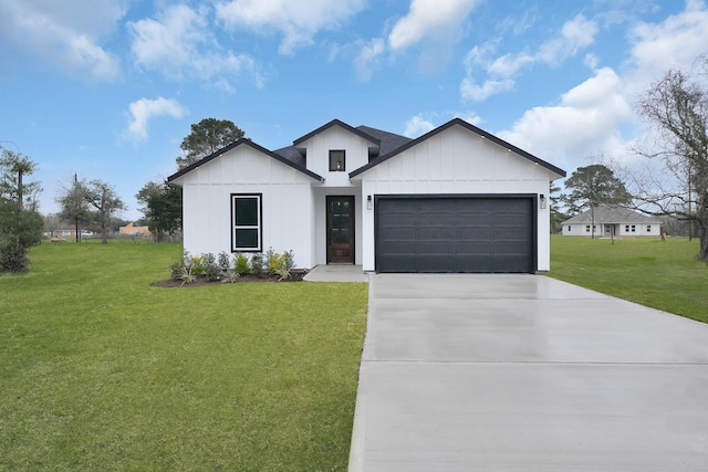 modern farmhouse style home with a garage and a front yard