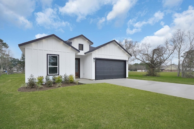 modern farmhouse style home featuring a garage and a front lawn