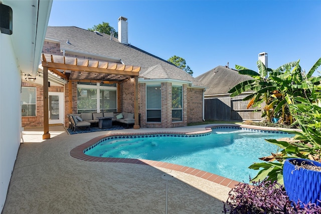 view of swimming pool featuring an outdoor hangout area, a patio area, and a pergola