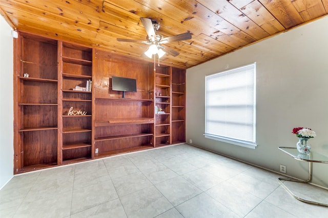 interior space with ceiling fan, crown molding, and wood ceiling