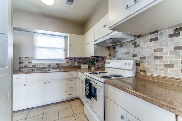 kitchen featuring white cabinets, ventilation hood, sink, white electric stove, and tasteful backsplash