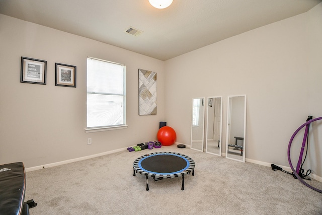 workout area with carpet floors, baseboards, and visible vents