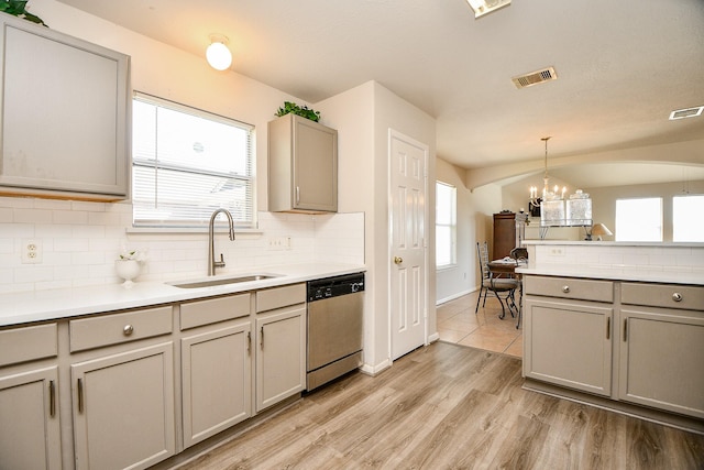 kitchen featuring light countertops, a sink, visible vents, and stainless steel dishwasher