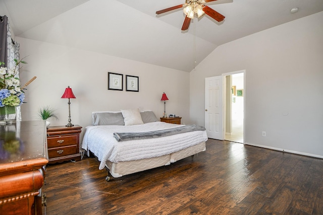 bedroom featuring dark wood-style floors, lofted ceiling, and a ceiling fan