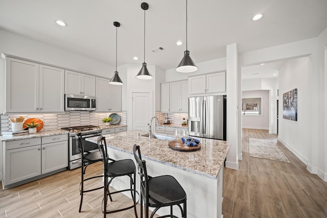 kitchen featuring appliances with stainless steel finishes, backsplash, sink, decorative light fixtures, and an island with sink