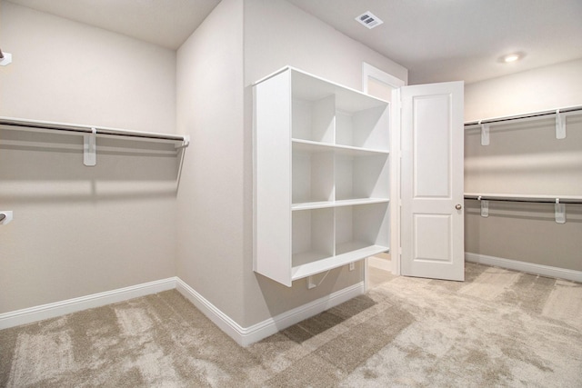 walk in closet with light colored carpet