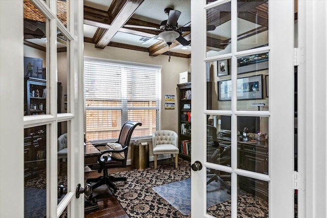 office space featuring beam ceiling, ceiling fan, french doors, coffered ceiling, and crown molding