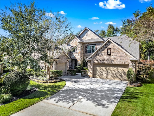 view of front of property with a front lawn and a garage