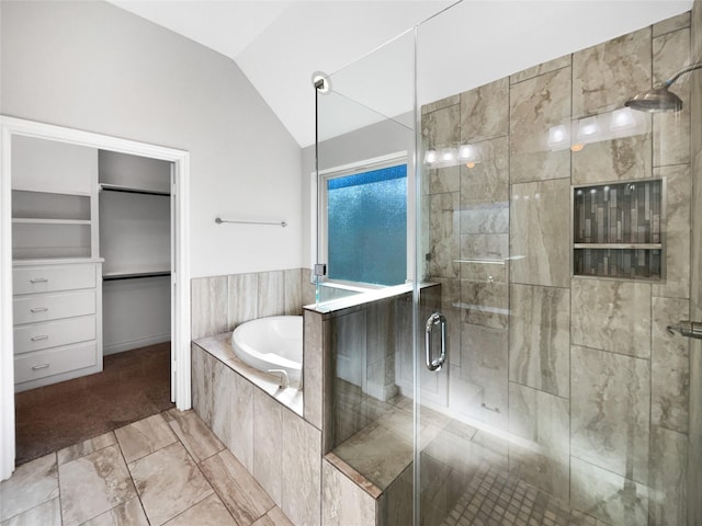 bathroom with plus walk in shower and lofted ceiling