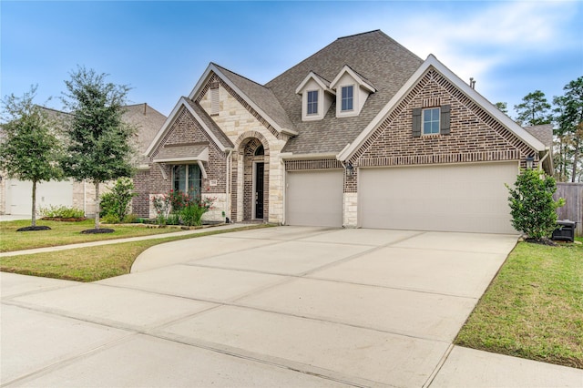 view of front facade with a front yard and a garage