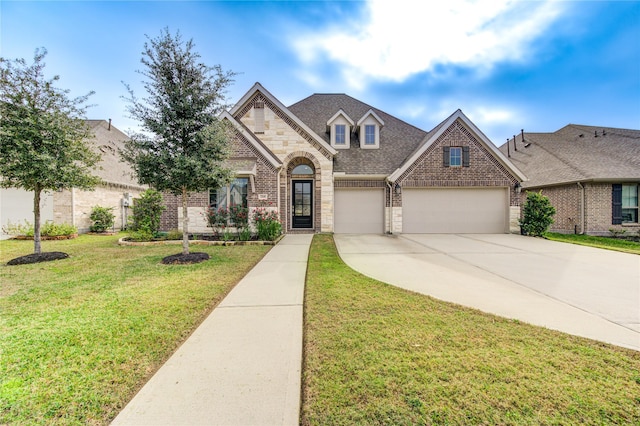 view of front of home with a garage and a front lawn