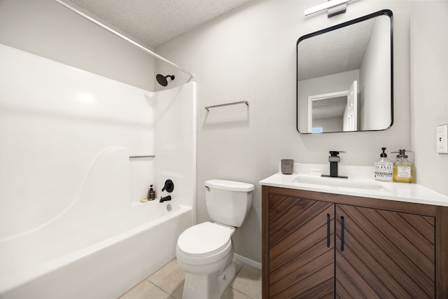 full bathroom with vanity, bathing tub / shower combination, tile patterned flooring, toilet, and a textured ceiling