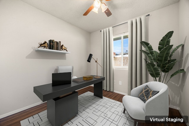 office area featuring hardwood / wood-style flooring, ceiling fan, and a textured ceiling