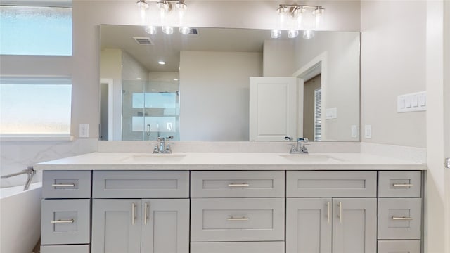 bathroom featuring vanity and separate shower and tub