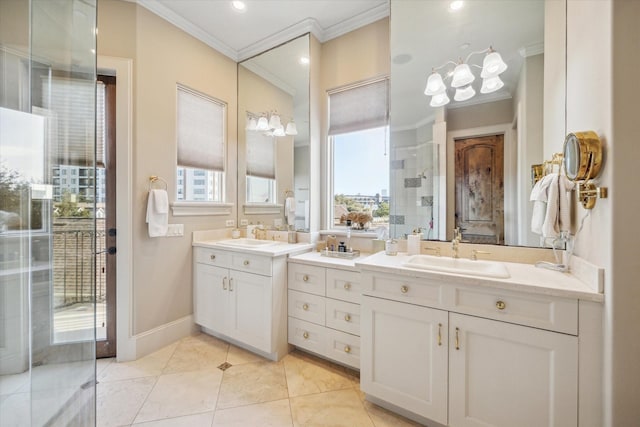 bathroom featuring tile patterned floors, vanity, and ornamental molding