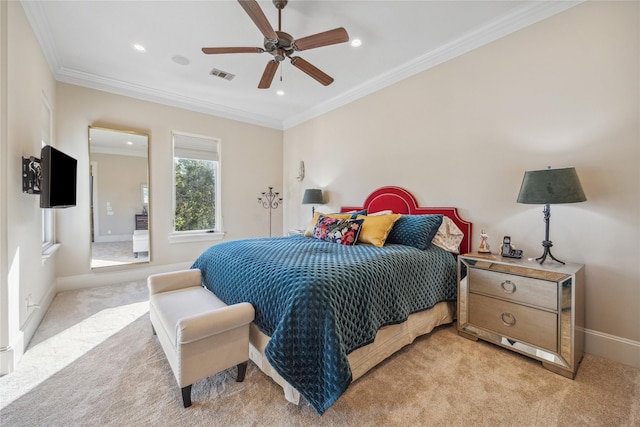 bedroom featuring ceiling fan, light colored carpet, and crown molding