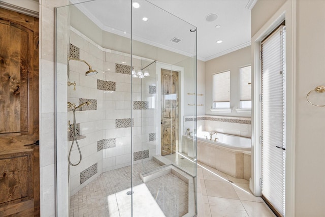 bathroom featuring tile patterned floors, crown molding, and independent shower and bath