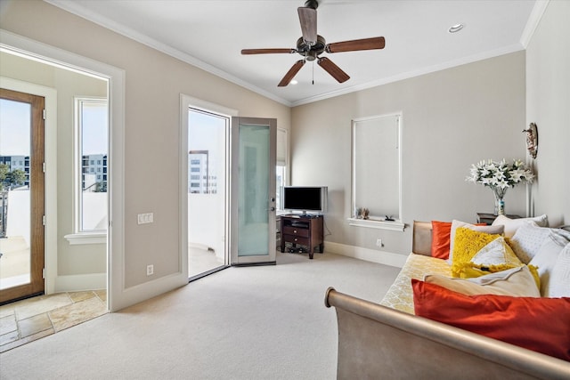 carpeted living room with lofted ceiling, ceiling fan, and ornamental molding