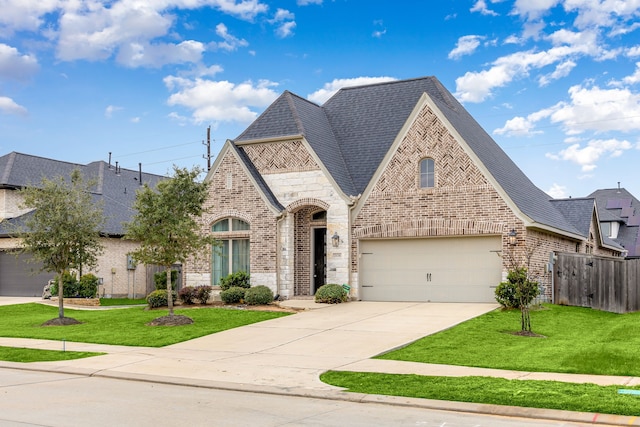 view of front of home with a front yard and a garage