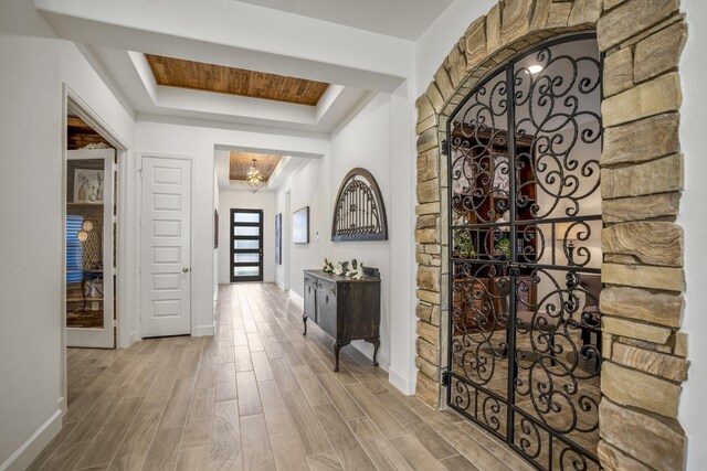 hall featuring wood-type flooring and a raised ceiling