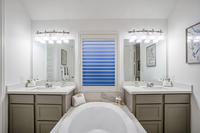 bathroom featuring vanity and a washtub