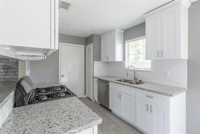 kitchen featuring white cabinetry, dishwasher, sink, and decorative backsplash