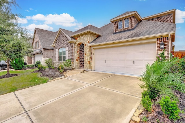 view of front of home with a garage and a front lawn