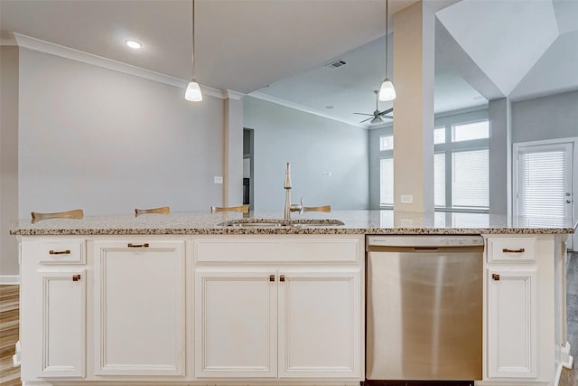 kitchen featuring white cabinets, dishwasher, ceiling fan, and sink