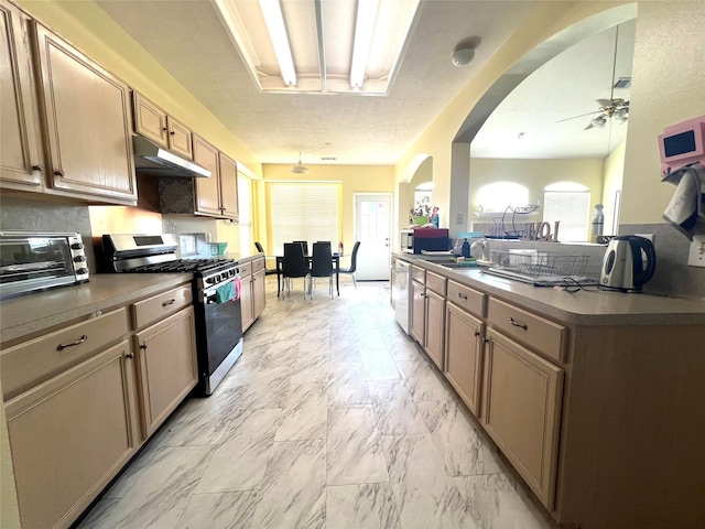 kitchen with dishwasher, stainless steel range with gas cooktop, a wealth of natural light, and ceiling fan