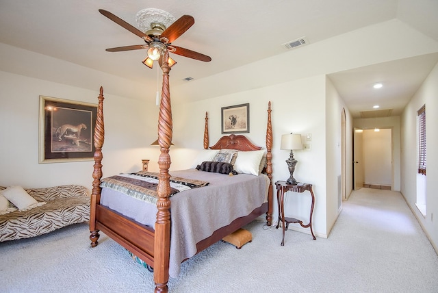 bedroom featuring ceiling fan and light colored carpet